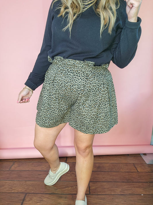 Olive Cheetah Pleated Shorts